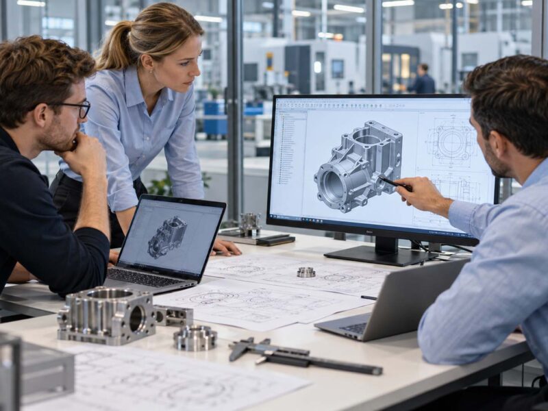 Engineers reviewing a technical drawing for a tooling project