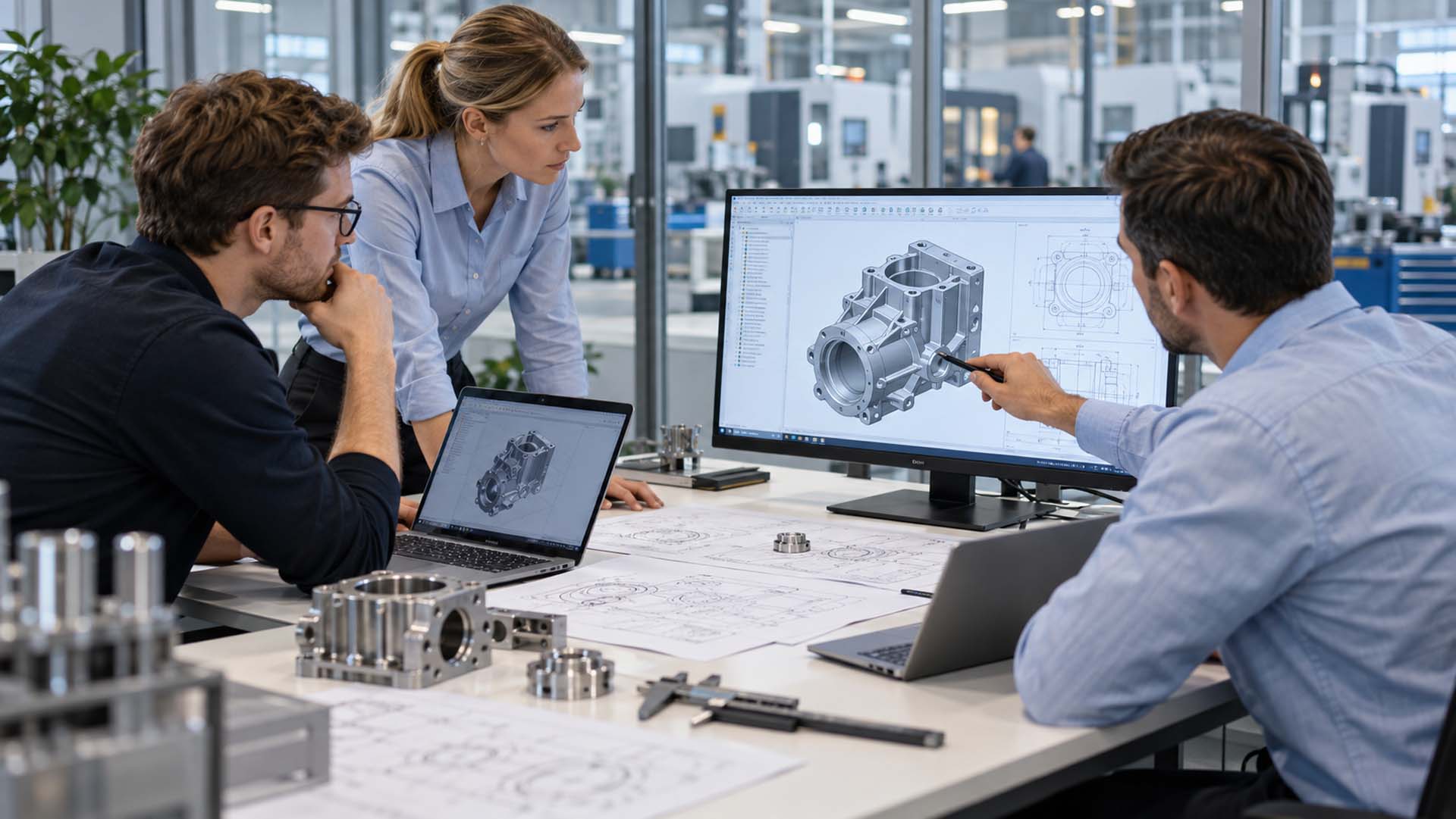 Engineers reviewing a technical drawing for a tooling project