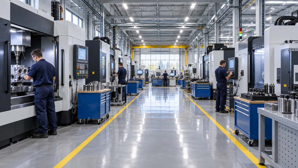 Precision manufacturing equipment on a factory production floor