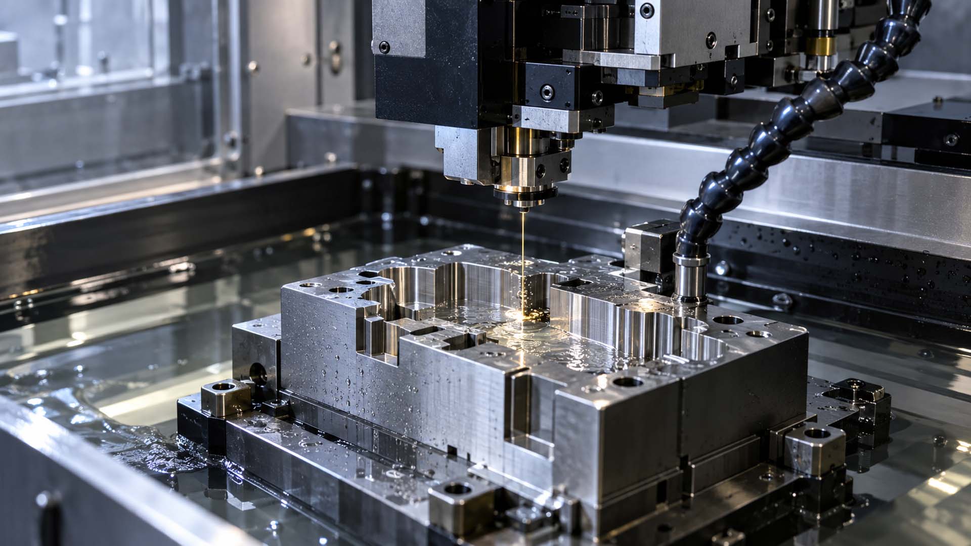 Wire EDM machine cutting a precision metal component